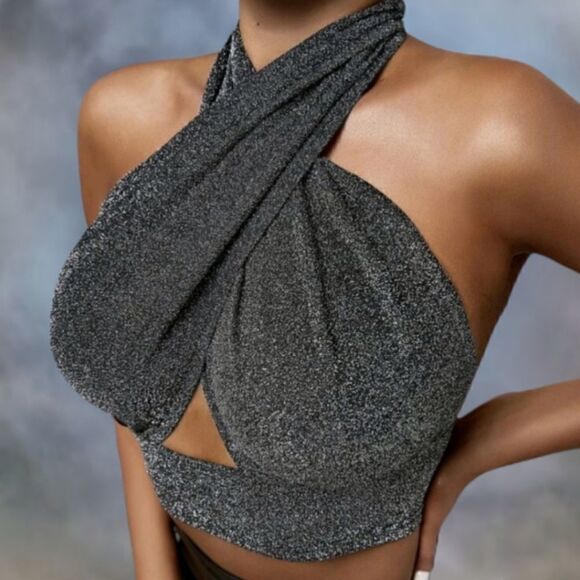 Metallic Gray Crisscross Cropped Halter Top - Picture 1 of 7